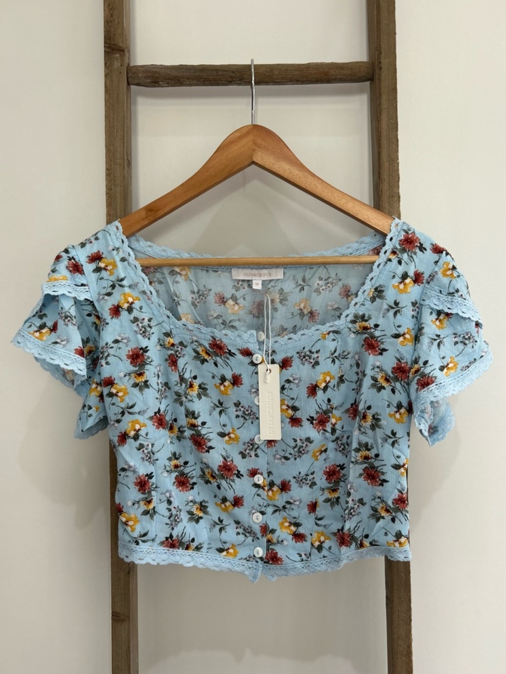 Olivaceous Sky Blue Floral Lace Trim Button Front Crop Top Size M NWT Coquette